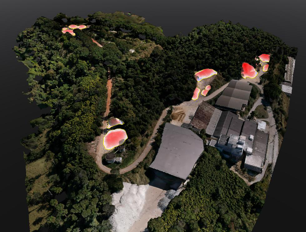 Modelo 3D do levantamento na Roca Brasil, com pilhas destacadas